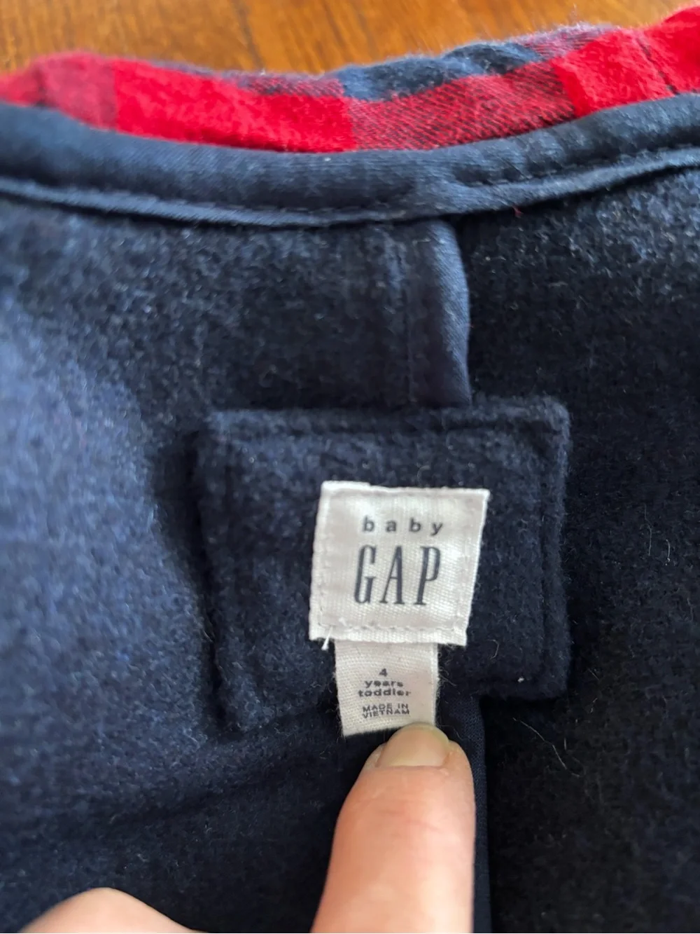Baby GAP - Navy wool blend Pea Coat with Toggles and Red Plaid hood Lining